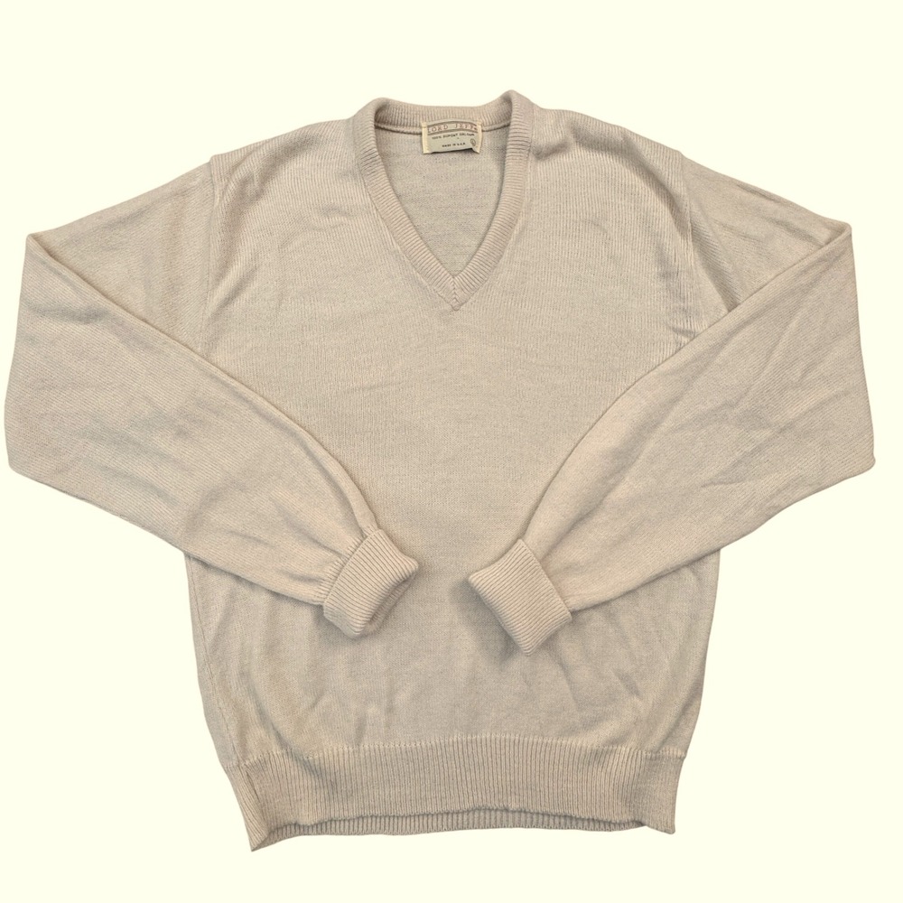 Vintage Lord Jeff Mens V Neck Sweater 100 Percent Dupont Orlon Beige USA Size‎ L